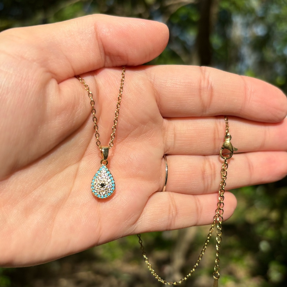 18K Gold Plated Stainless Steel Teardrop Evil Eye Diamond Necklace - Picture 5 of 5